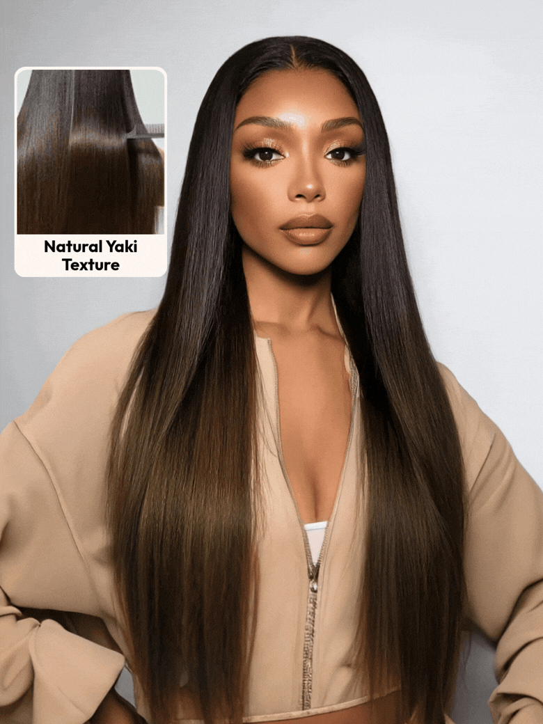 UNice 7x5 Bye Bye Slip & 13x4 Pre-Everything Lace Black to Chestnut Brown Ombre Yaki Straight Wig With Invisi Drawstring