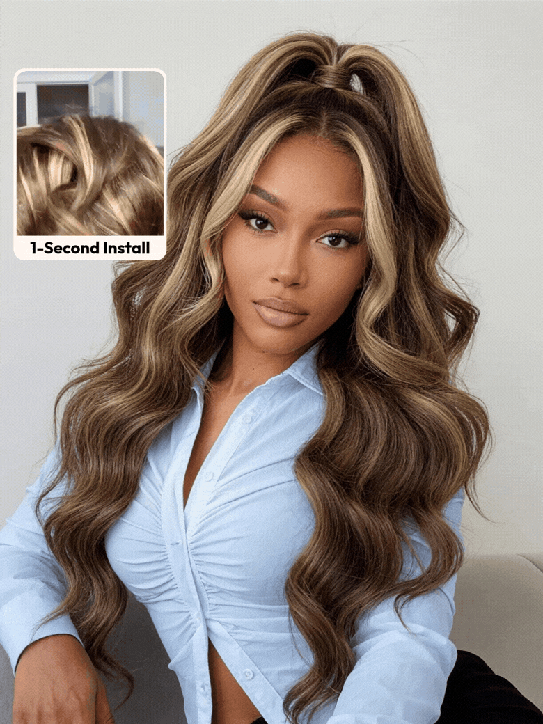 [24"=$139] 13x4 Bye Bye Slip™ Lace Frontal Honey Brown Loose Wave Drawstring Wig with Golden Blonde