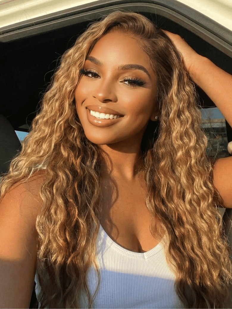 13x4 Bye Bye Slip™ Lace Frontal Caramel Brown With Honey Blonde Highlights Water Wave Glueless Drawstring Wig