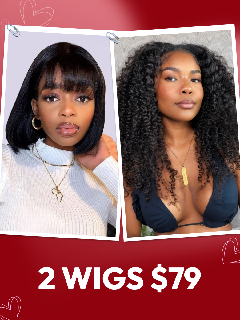 2 Wigs $79 | For 250% Density Jerry Curly V Part Wig 14 And Bob Wig With Bangs 10