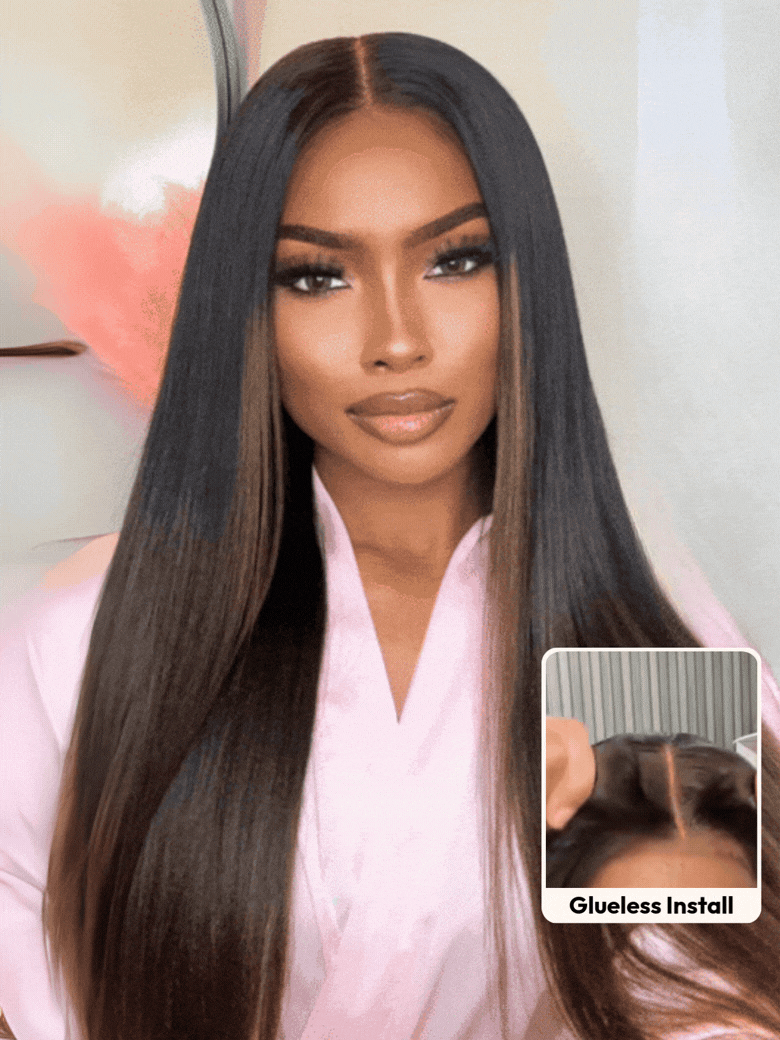 UNice 7x5 Bye Bye Slip & 13x4 Pre-Everything Lace Black to Chestnut Brown Ombre Yaki Straight Wig With Invisi Drawstring-image-9443