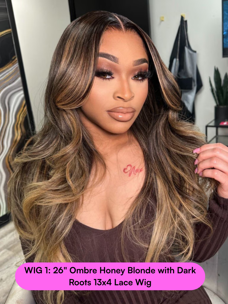 26 Ombre Honey Blonde with Dark Roots 13x4 Lace Wig Or 24 Black Fluffy Natural Loose Wave Curtain Bangs 13x4 Pre Everything Lace Wig