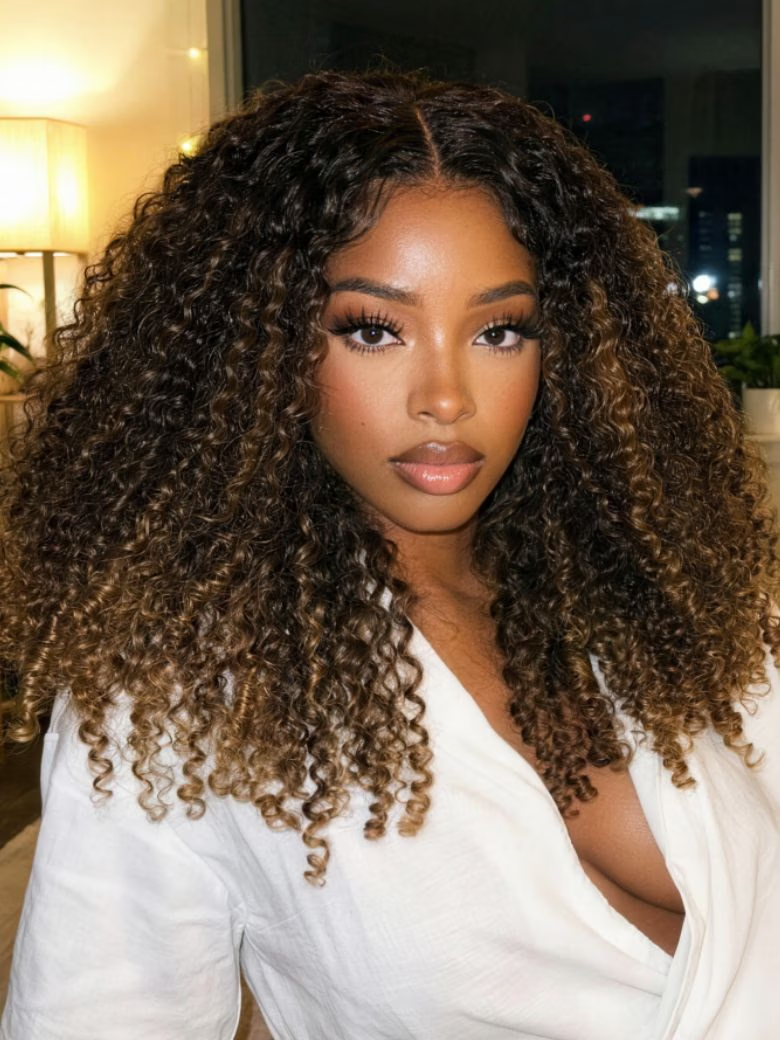 7x5 Bye Bye Slip™Glueless Lace Black to Chestnut Brown Ombre Burmese Curly With Finger Coil Ends Wig-Put On & Go With Invisi Drawstring – UNice