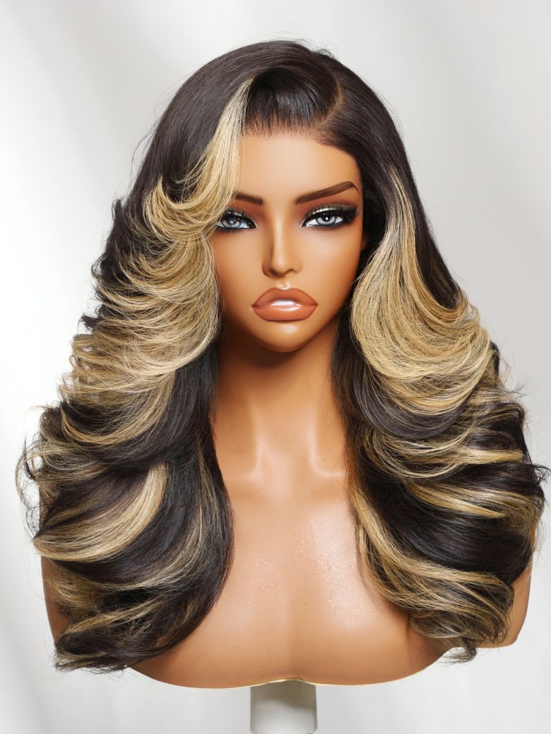 UNice 7x5 Bye-Bye Slip™ Lace Black With Platinum Blonde Highlights Side Part Loose Curls Wigs With Feathered Hair