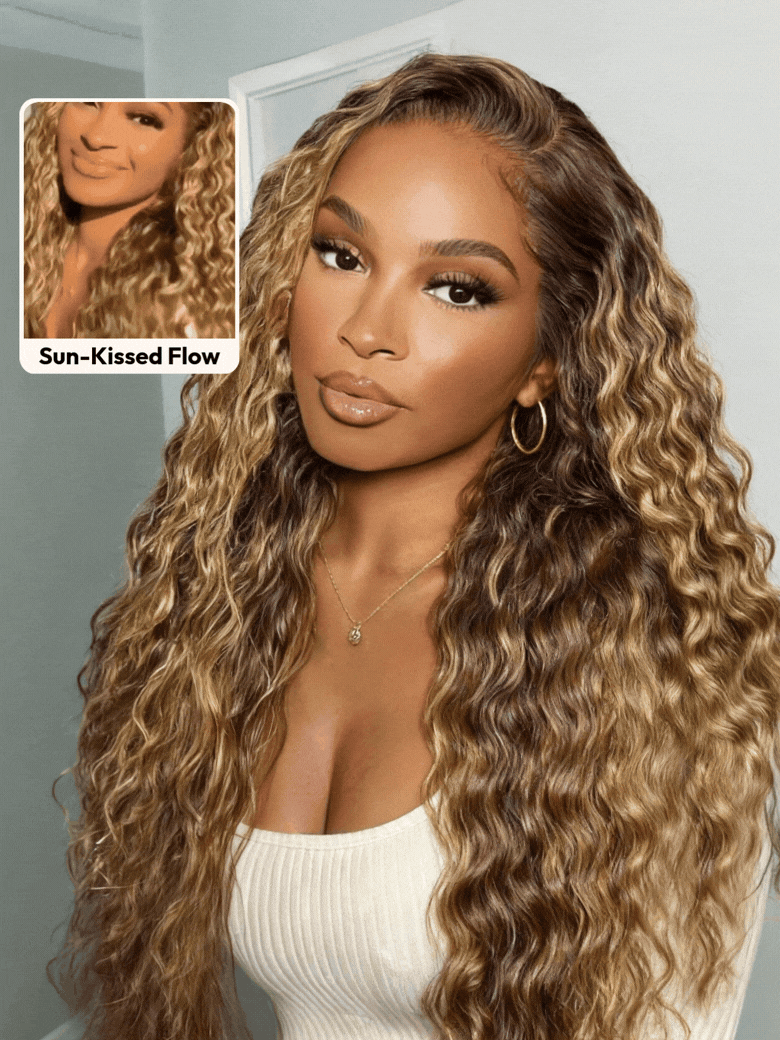 UNice 13x4 & 7x5 Bye Bye Slip™ Lace Frontal  Bronde Color With Honey Blonde Highlights Water Wave Glueless Drawstring Wig