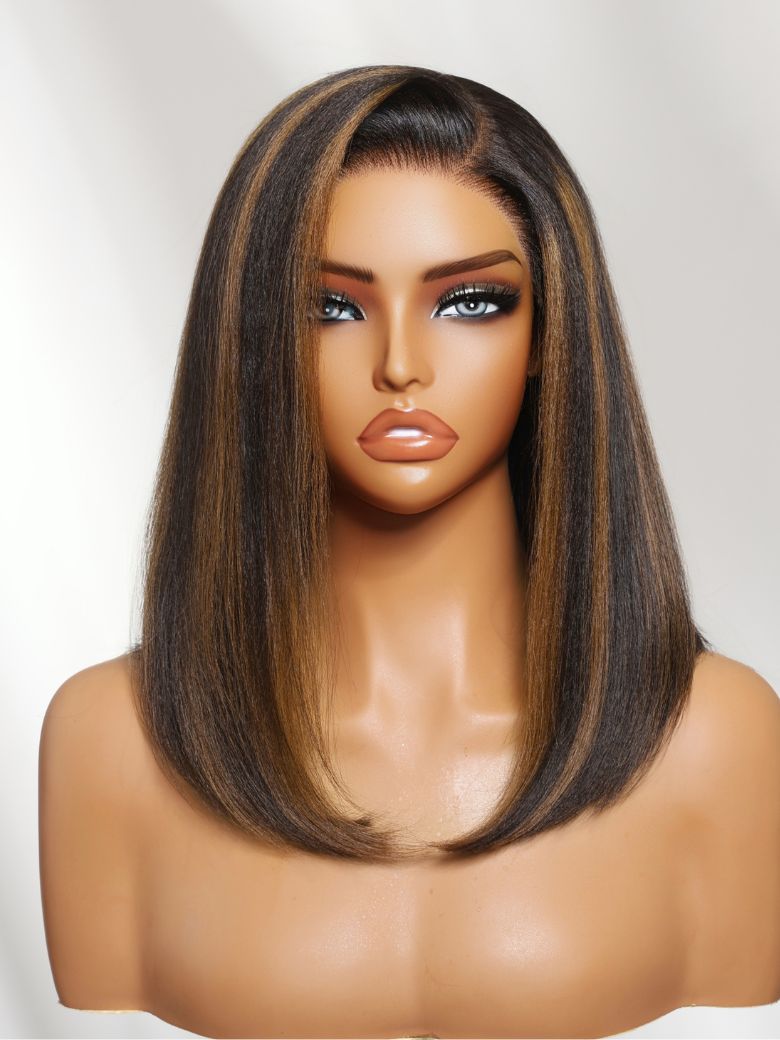 UNice 7x5 Bye-Bye Slip™ Lace Black with Caramel Highlights Side Part Yaki Straight Bob Wig