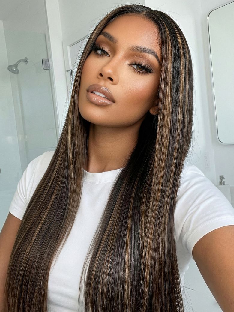 UNice 7x5 Bye Bye Slip™ Lace Black with Golden Brown Highlights Yaki Straight Wig with Invisi Drawstring
