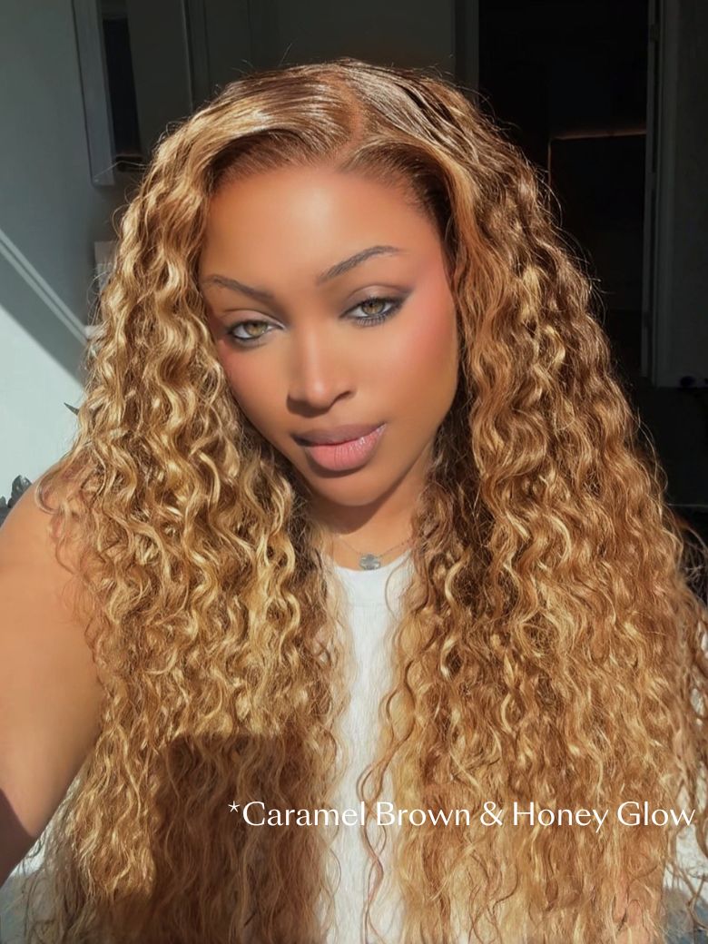 7x5 & 13x4 Bye Bye Slip™ Lace Frontal Caramel Brown With Honey Blonde Highlights Water Wave Glueless Drawstring Wig