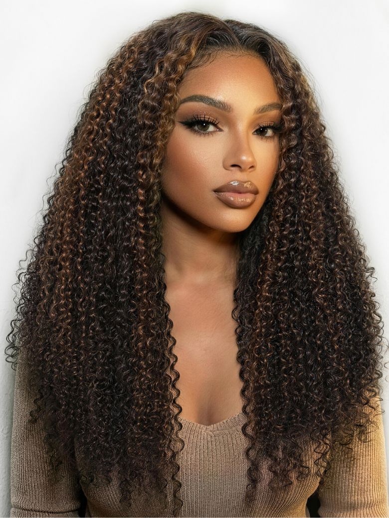 UNice 7x5 Bye Bye Slip™ Lace Black with Golden Brown Highlights Kinky Curly Wig with Invisi Drawstring
