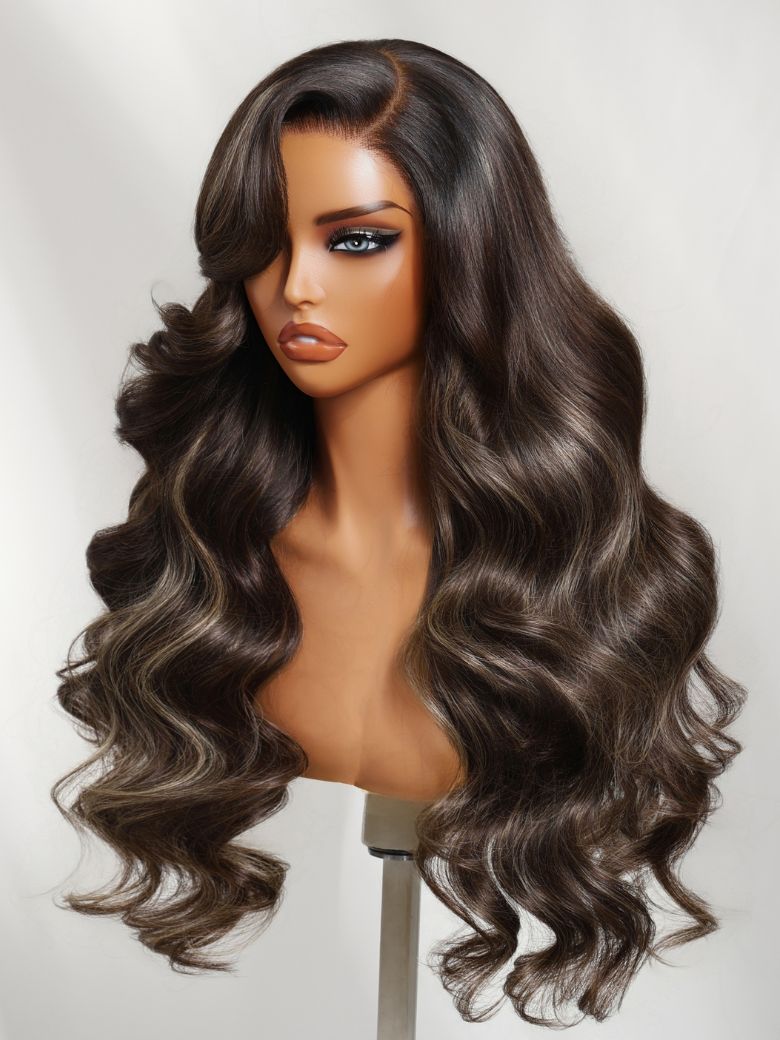 UNice 13x4 Bye Bye Slip™ Lace Frontal Dark Chocolate Brown with Caramel Highlights Body Wave Wig with Side Part Bangs