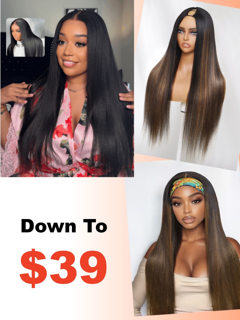 [24"=$99] 7x5 Bye Bye Knots Pre Cut Pre Bleached Glueless Lace/ V part/Headband Yaki Straight Wig 150% Density