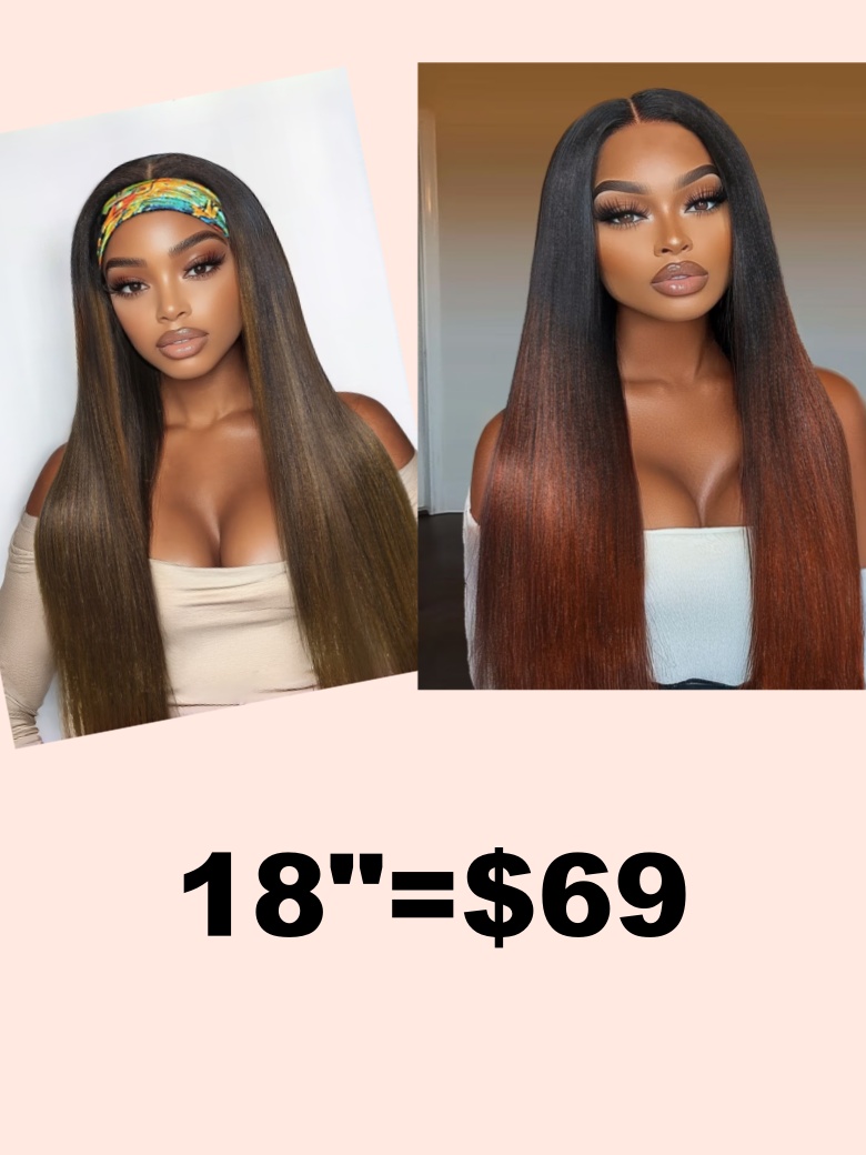 [20″=$99] Eye-Catching Black and Reddish Brown Ombre Color Upgraded V Part & Chestnut Brown Headband Natural Yaki Wig