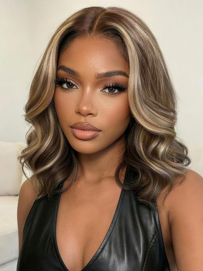 [With Drawstring] UNice 13×4 Pre-Everything™ Pre-Cut Lace Frontal Dark Brown with Face Framing Highlights Layered Cut Bob Wig