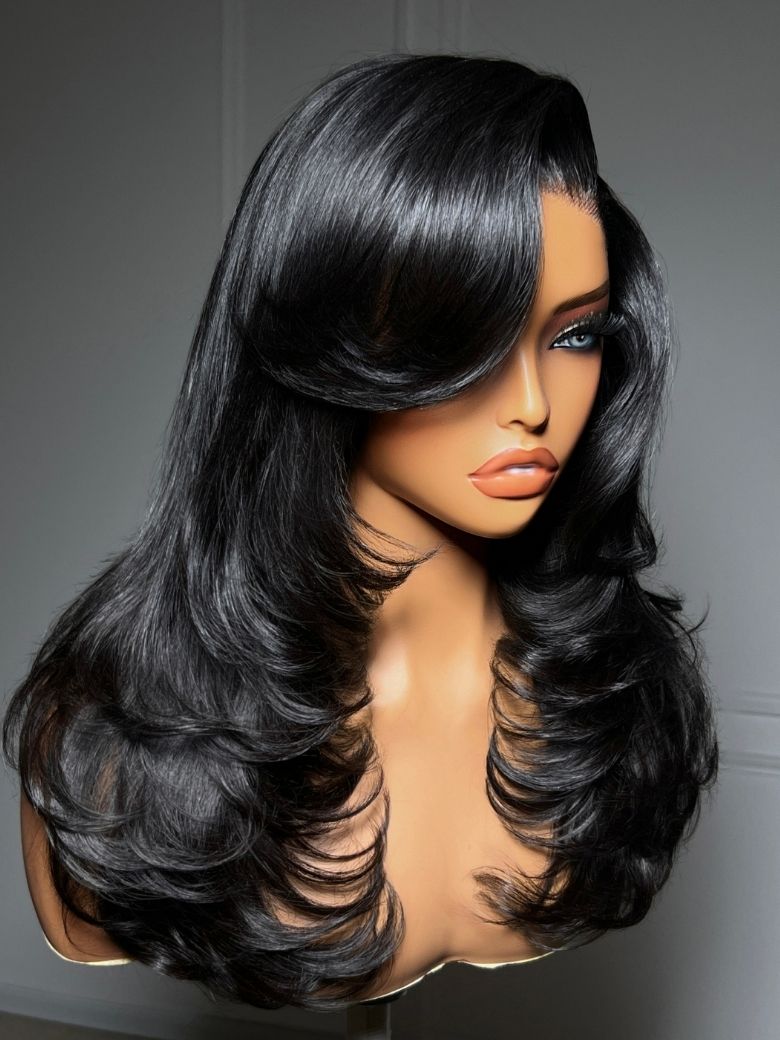 200% Density 7×5 Bye-Bye Slip™ Lace Feathered Blowout Wig with Face-Framing Layers and Deep Side Part Bangs
