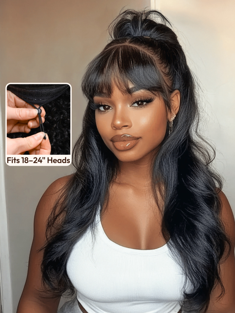 [From 20″] 13×4/7×5 ByeBye Knotsâ¢ Black Fluffy Natural Loose Wave Curtain Bangs Wig 150% Density