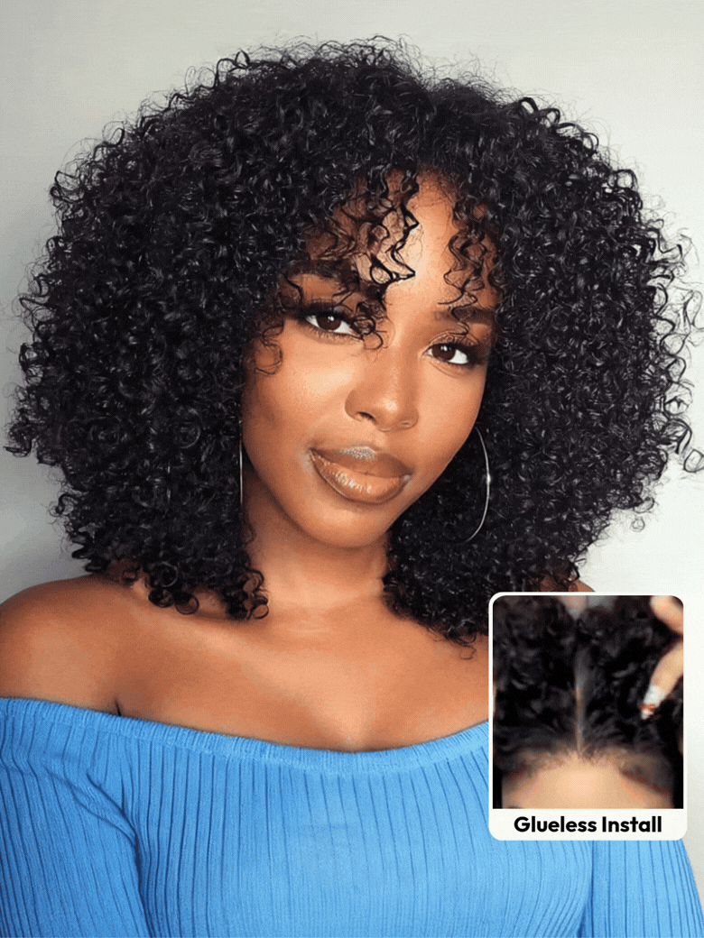 UNice 7x5 Lace Bye Bye Slip Glueless Wig Black Kinky Curly Wig With 4C Baby Hair 150% Density Drawst