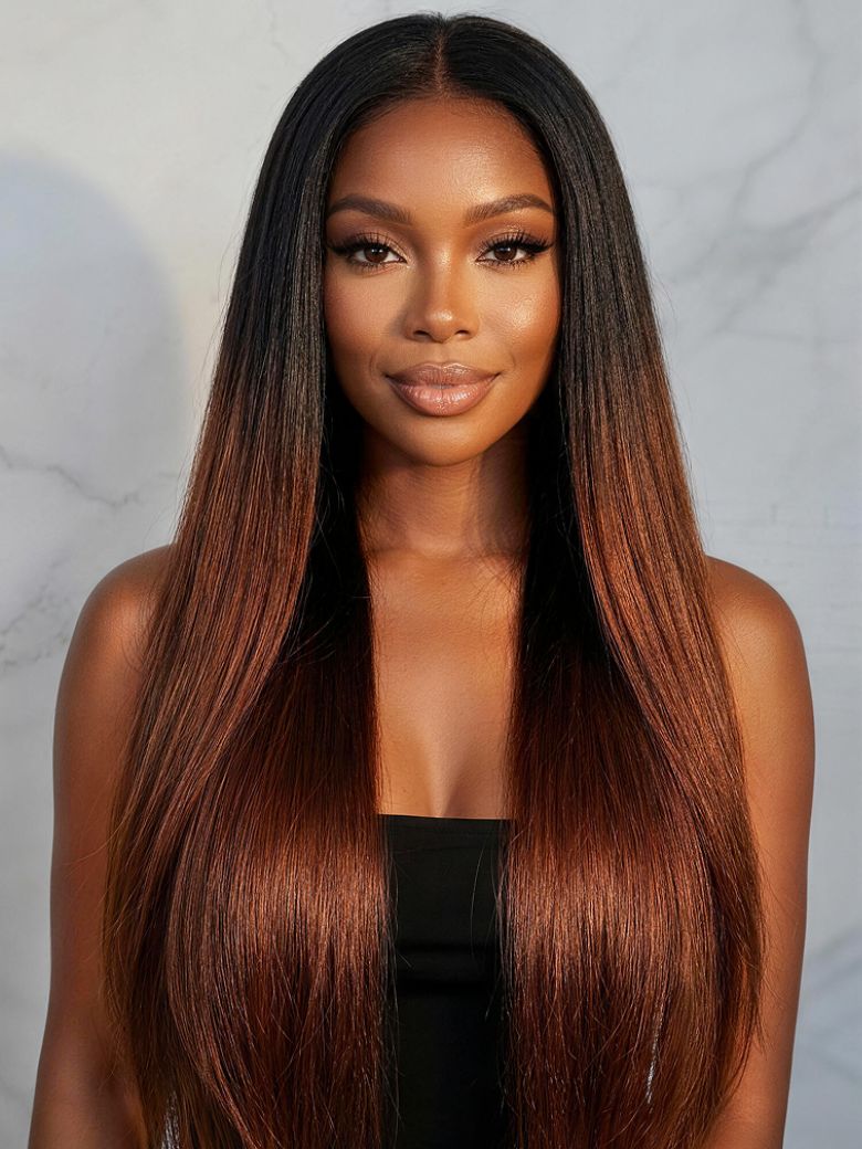 [18 Inch =$59] UNice EasiContourâ¢ V Part Black to Reddish Brown Ombre Yaki Straight Wig