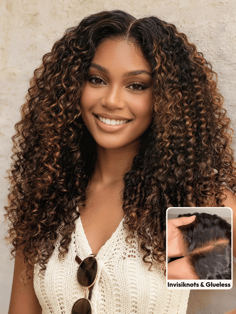 7x5 Bye Bye Slip™ Glueless Lace Black to Chestnut Brown Ombre Burmese Curly With Finger Coil Ends Wig-Put On & Go With Invisi Drawstring