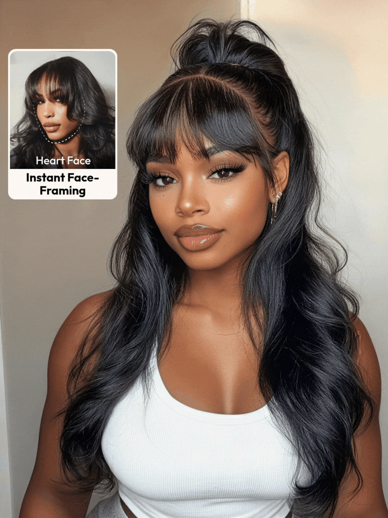 7×5 Bye-Bye Slipâ¢ & 13×4 Pre-Everythingâ¢ Pull & Go Black Fluffy Loose Wave Wispy Bangs Glueless Wig