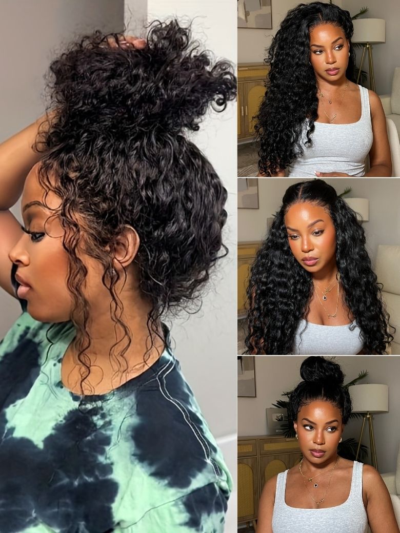 UNice 7×5 Bye Bye Knots & 13×4 Pre-Everythingâ¢ Pre Cut Lace Natural Black Water Wave Curly Drawstring No Baby Hair