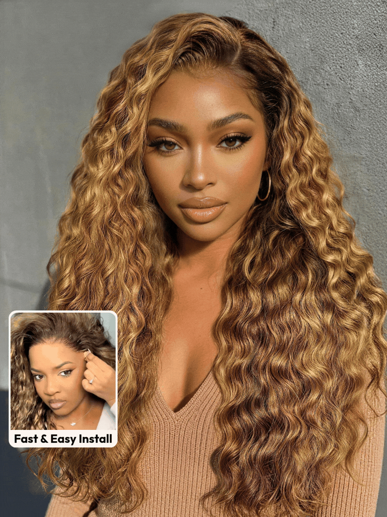 13x4 Bye Bye Slip™ Lace Frontal  Bronde Color With Honey Blonde Highlights Water Wave Glueless Drawstring Wig