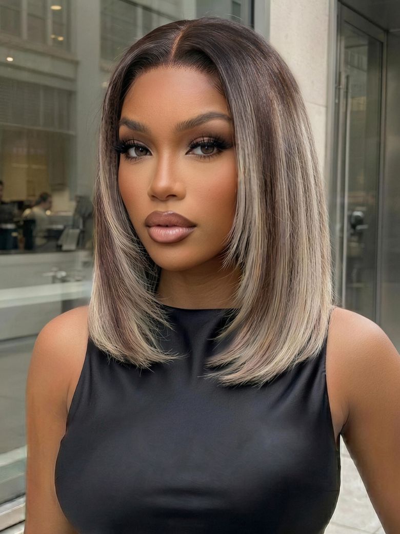 UNice 7×5 Bye Bye Slipâ¢ Lace Ash Blonde Highlights with Dark Root Straight Layered Bob Glueless Wig