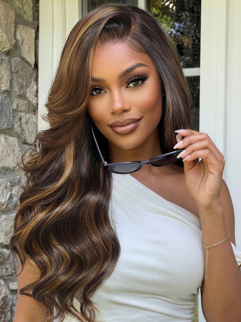 UNice 7×5 Bye Bye Slipâ¢ Lace Brown with Golden Brown Highlights Glueless Body Wave Drawstring Wig with Side Part Bangs