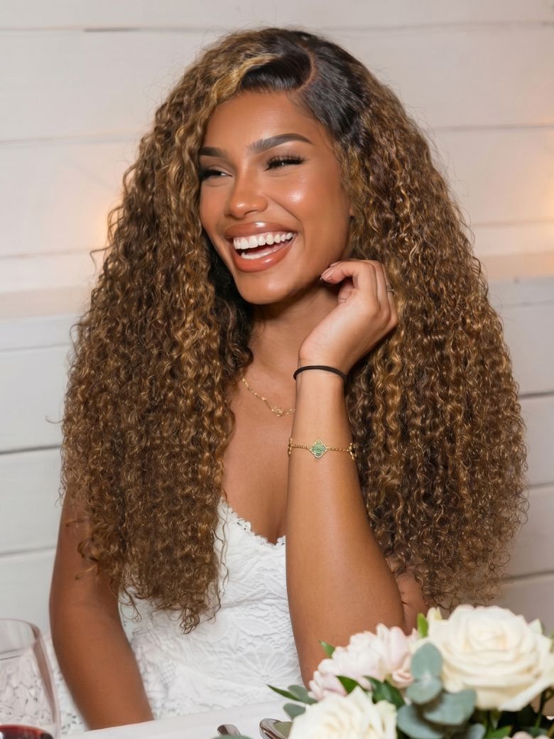 UNice 13x4 Bye Bye Slip™ Lace Frontal Brown with Caramel Highlights Glueless Curly Wig with Dark Roots-image-10707
