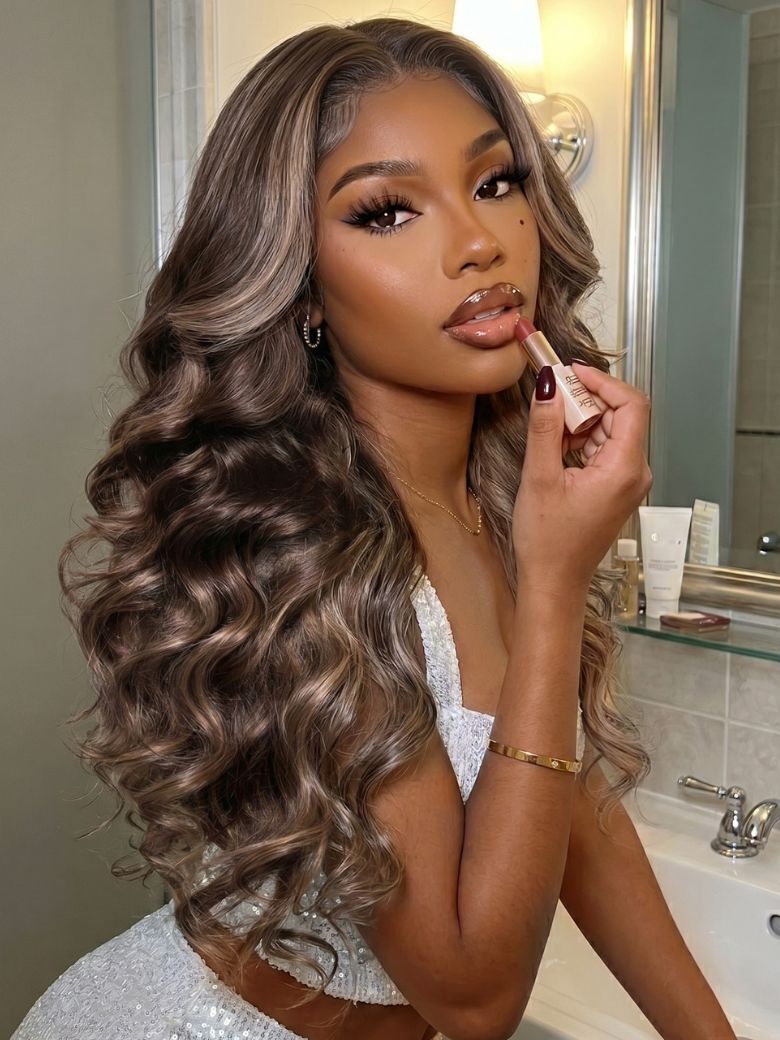 UNice 7×5 Bye Bye Slipâ¢ Lace Chocolate Brown with Ash Highlights Body Wave Drawstring Wig for Beginner
