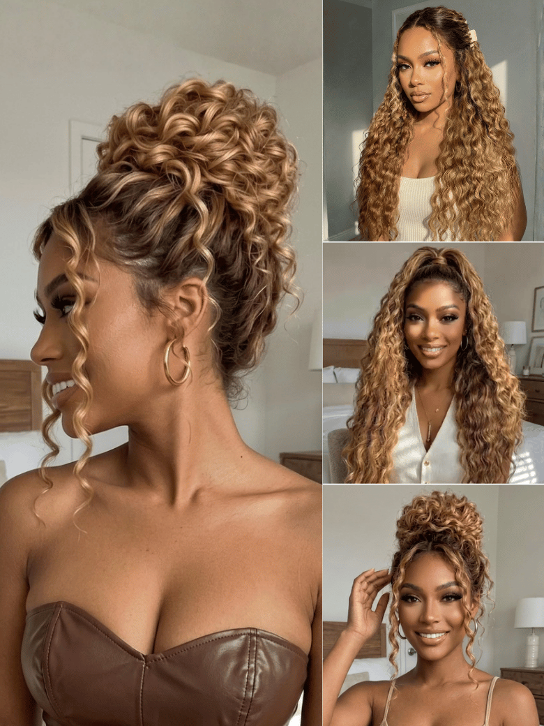 13x4 Bye Bye Slip™ Lace Frontal  Bronde Color With Honey Blonde Highlights Water Wave Glueless Drawstring Wig 150% Density-image-10808