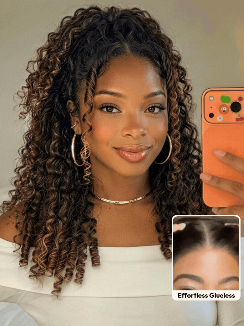 7×5 Bye Bye Slipâ¢ Glueless Lace Black to Chestnut Brown Ombre Burmese Curly With Finger Coil Ends Wig-Put On & Go With Invisi Drawstring