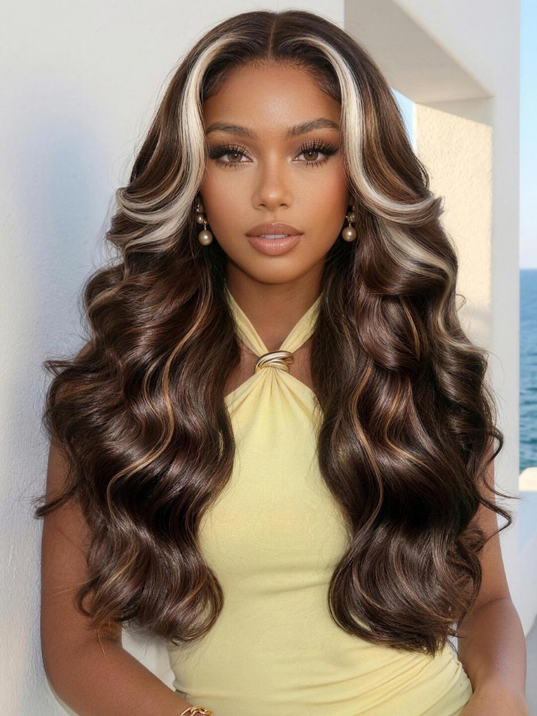 UNice 7x5 Bye Bye Slip™ Lace Chocolate Brown Loose Wave Drawstring Wig with Platinum Blonde Highlighted Face Framing Layers