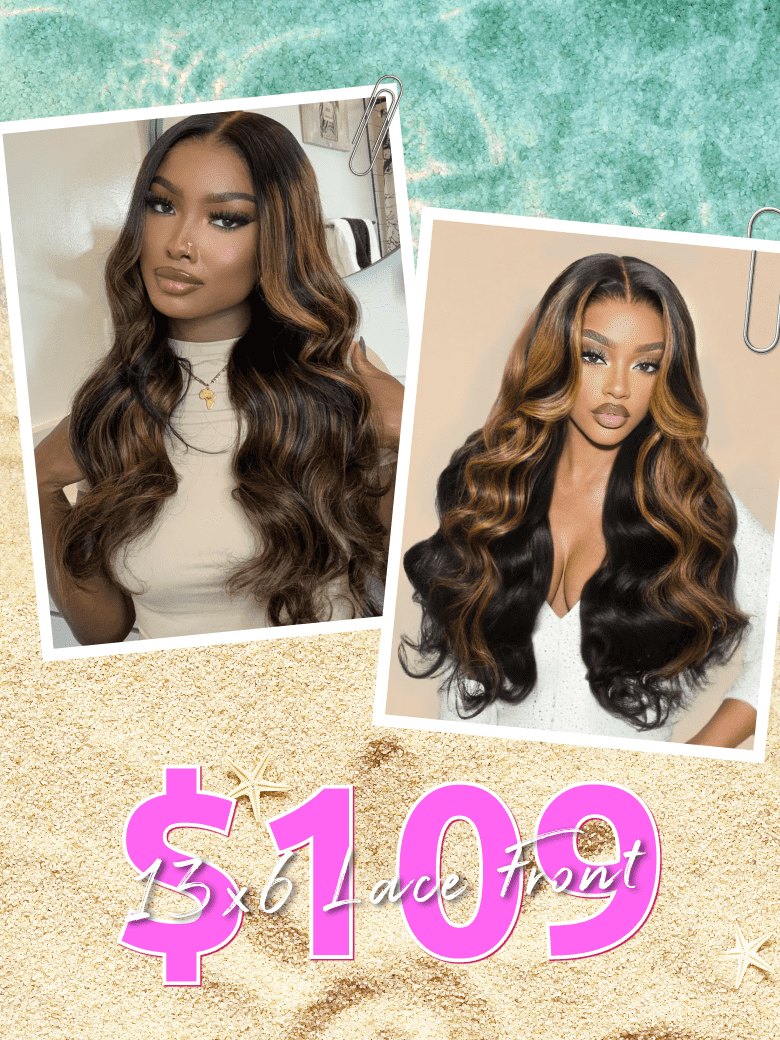 [From 20"] 13X6 Balayage Highlight& 7x5 Bye-Bye Knots Black with Caramel Blonde Highlights Body Wave