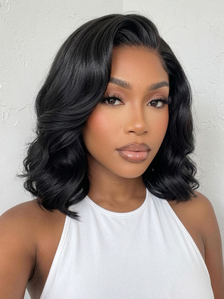 UNice 7x5 Bye Bye Slip Lace Black Glueless Flipped Bob Drawstring Wig with Side Part Bangs $149