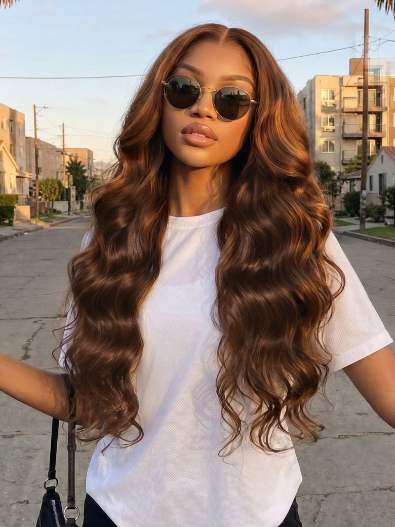 UNice 7x5 Bye Bye Slip Lace Auburn Brown with Copper Highlights Body Wave Drawstring Wig $174