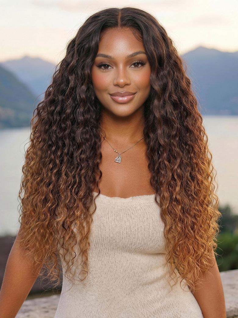 UNice 7x5 Bye Bye Slip™ Lace Caramel Brown Ombre with Dark Roots Water Wave Glueless Wig-image-10777