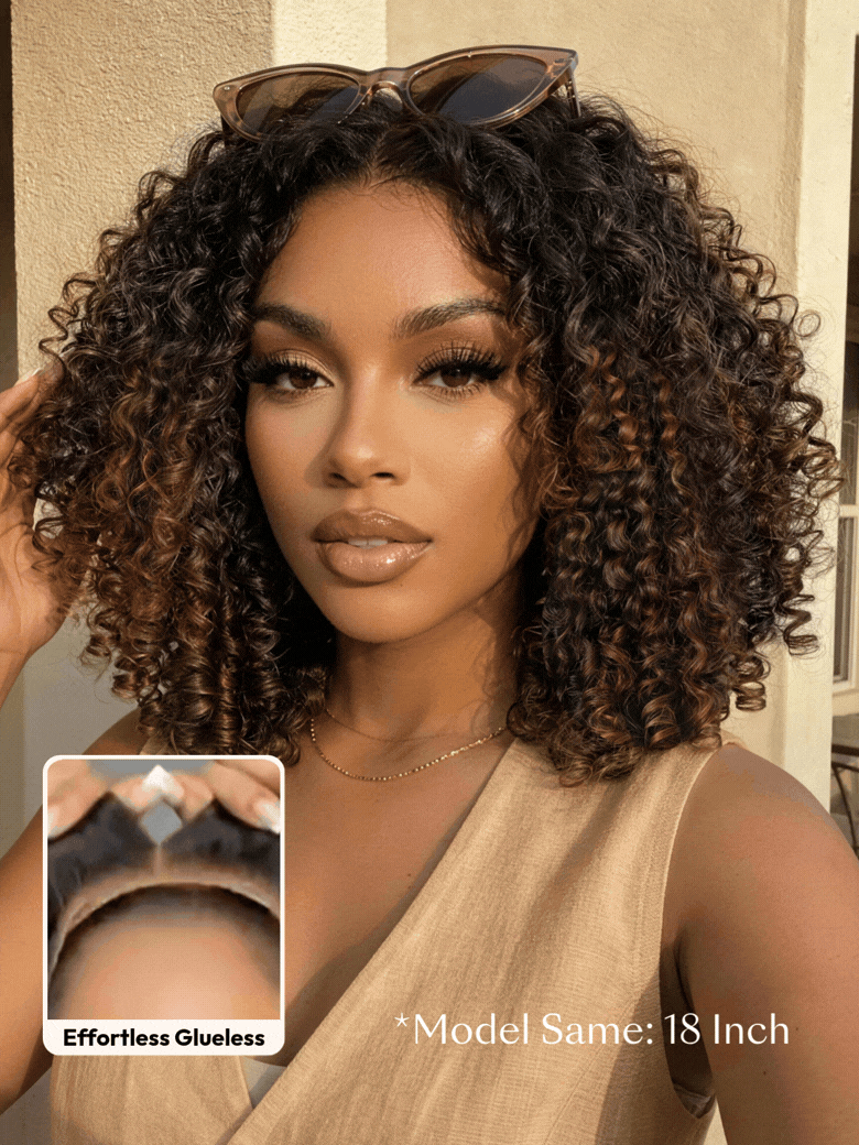 7x5 Bye Bye Slip Glueless Lace Black to Chestnut Brown Ombre Burmese Curly With Finger Coil Ends Wig-Put On Go With Invisi Drawstring $155