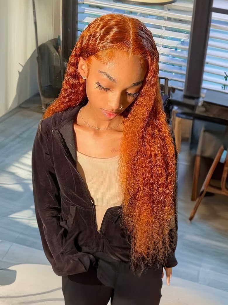 [22"=$97] Hot Ginger Color Glueless Lace Jerry Curly Human Hair Lace Part Wig 150% Density