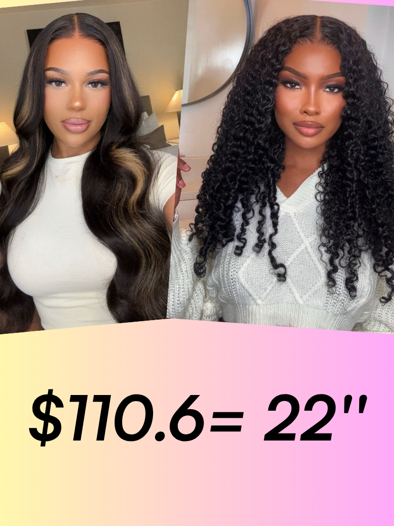[22"=$110.6] 7x5 Bye Bye Knots™ Glueless Lace Wig Black With Blonde Highlights Body Wave Wig & Natural Black Curly Wave Wig