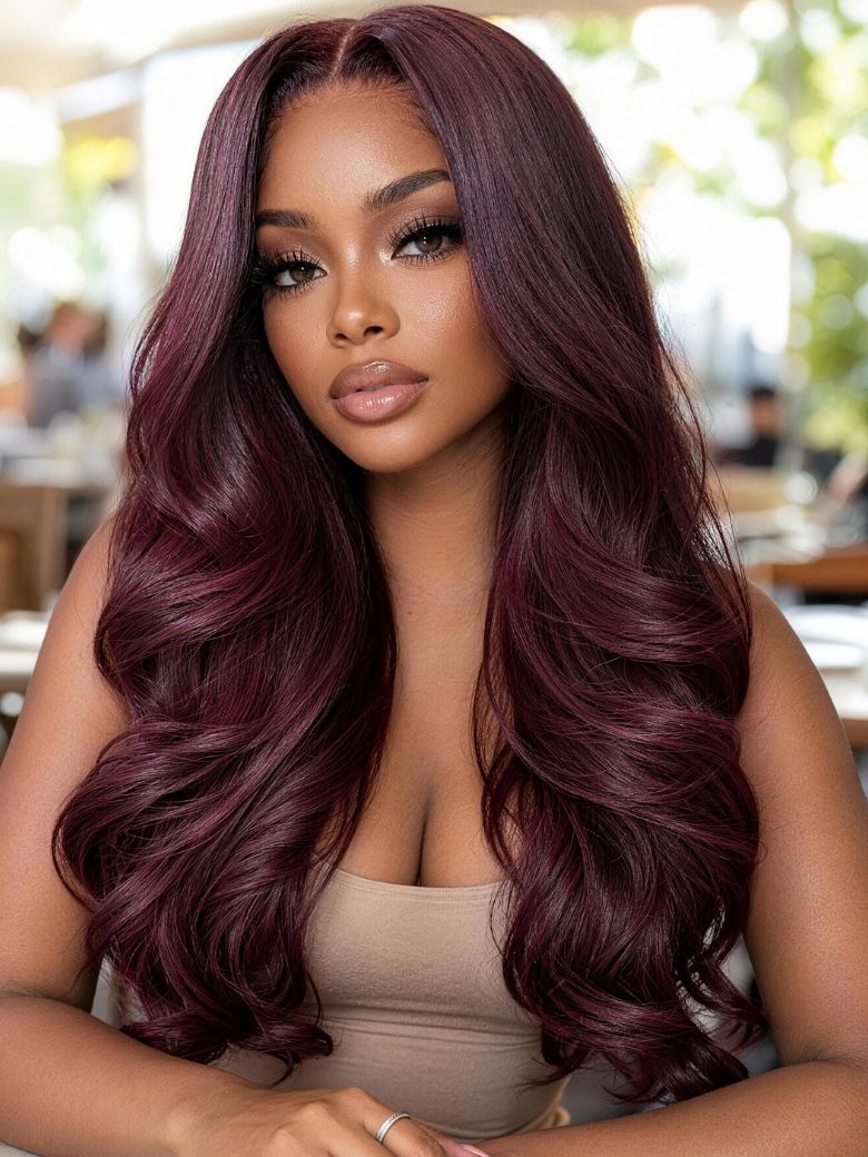 UNice 7x5 Bye Bye Slip Lace Plum Red Body Wave Glueless Wig with Invisi Drawstring $174