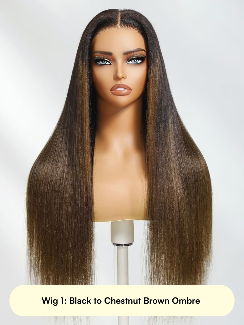 All 24" 13x4 Pre Everything Glueless Lace Yaki Straight Black to Chestnut Brown Ombre Or Balayage Highlights Wig With Invisi Drawstring