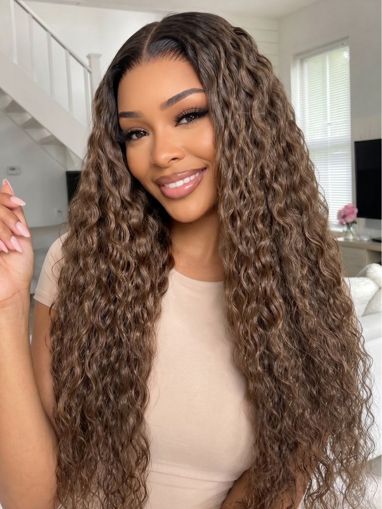 UNice 7x5 Bye Bye Slip™ Lace Ash Brown With Dark Roots Water Wave/Curly Glueless Wig with Invisi Drawstring