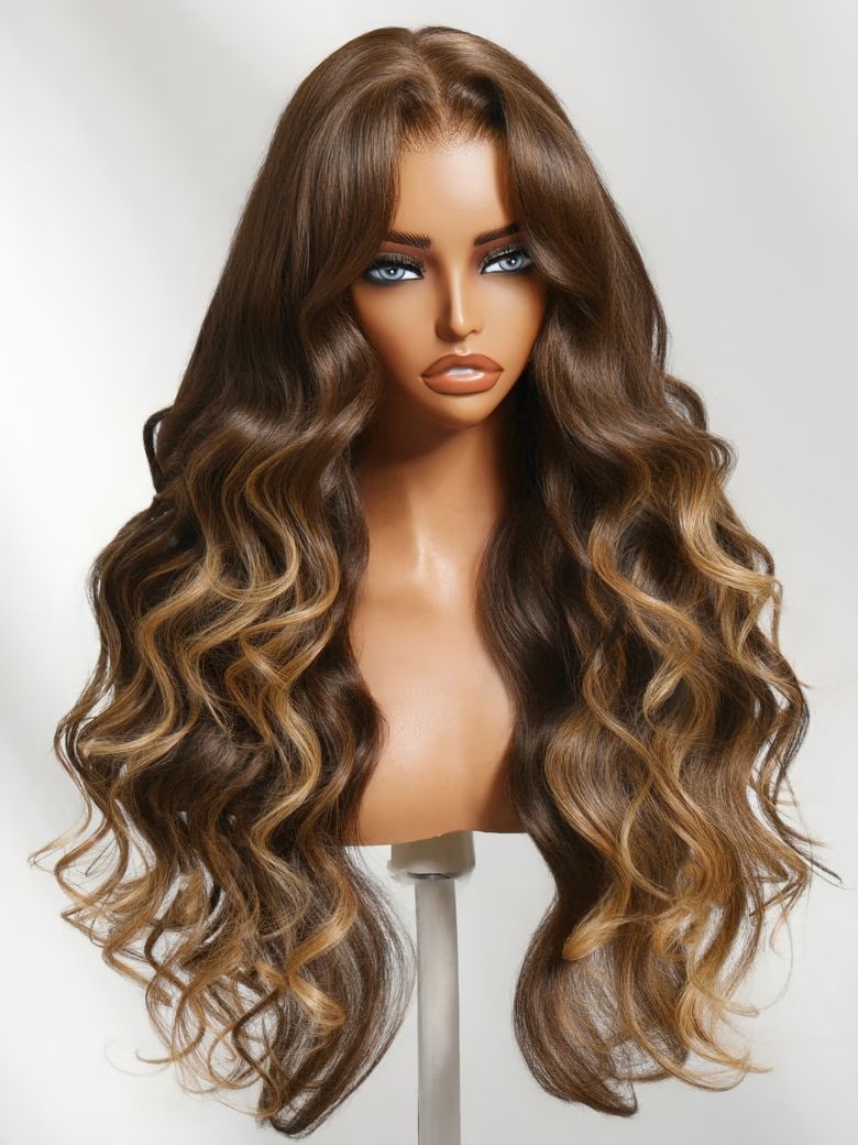 [24''= $129] From 18" Bye-Bye Slip™ 7x5 Lace Deep Brown with Caramel Higlights Loose Wave Drawstring Glueless Wig