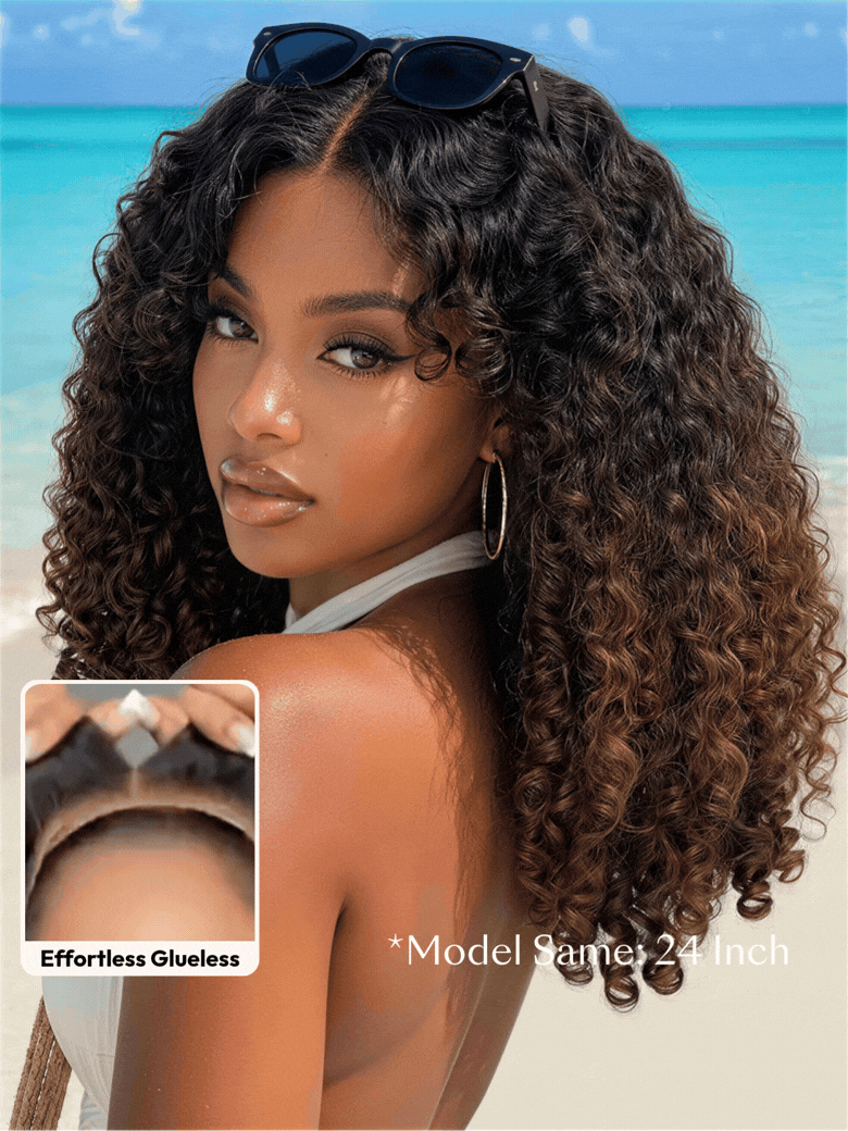7x5 Bye Bye Slip™ Glueless Lace Black to Chestnut Brown Ombre Burmese Curly With Finger Coil Ends Wig-Vacation Ready With Invisi Drawstring
