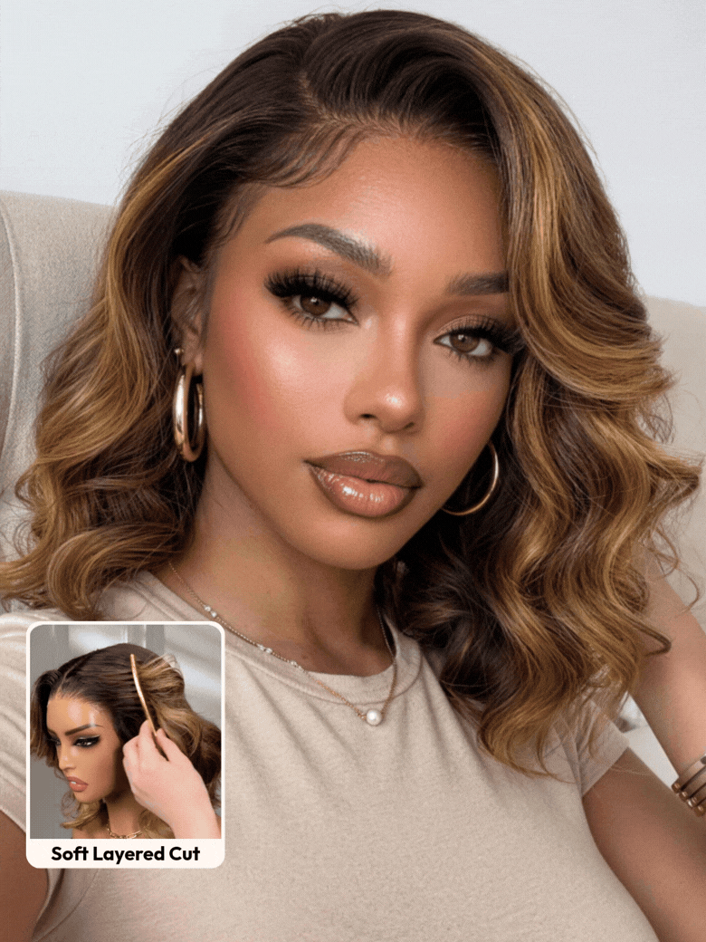 UNice 7x5 13x4 Pre-Everything Lace Frontal Brown With Honey Blonde Face-Framing Highlights Wavy Bob Glueless Drawstring Wig Secure Fit $136