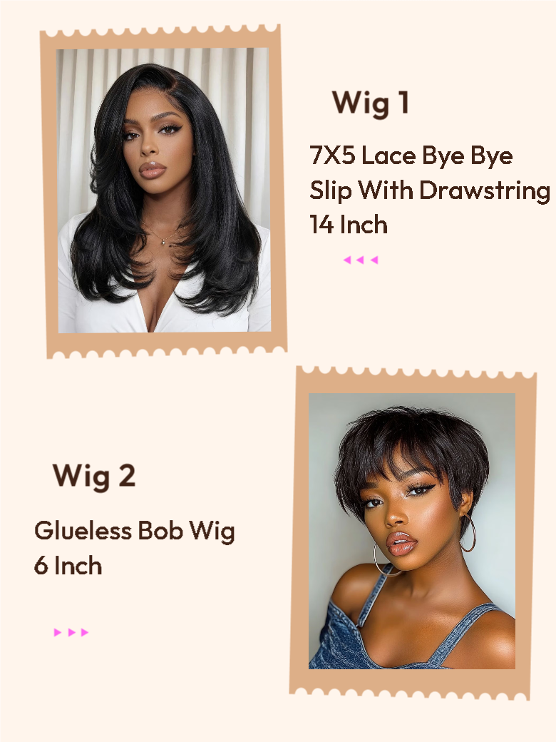 2 Wigs $89 | 7X5 Lace Bye Bye Slip With Drawstring 14" & Glueless Bob Wig 6"Limited Time Sale
