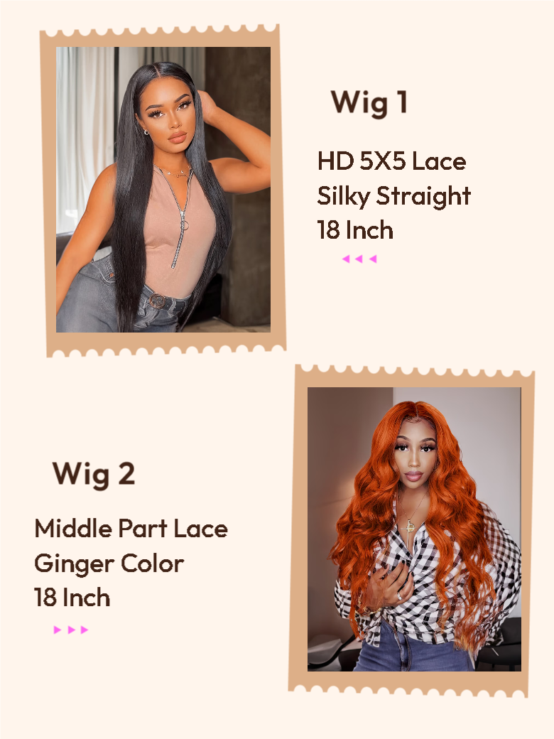 Two 18" Wigs $129 | HD 5X5 Lace Silky Straight 18" & 4x0.75 Middle Part Lace Ginger Color Body Wave 18"Limited Time Sale