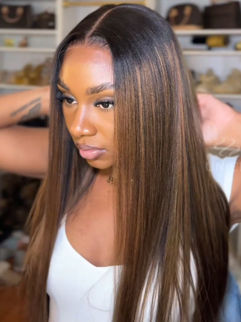 [With Drawstring] 13x4 Pre-Everything Lace Frontal Yaki Straight Balayage Highlights Drawstring Wig