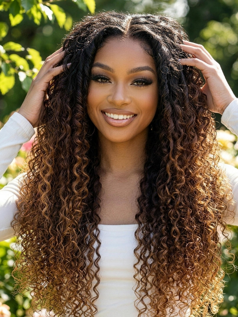 [From 18"] 7x5 Bye Bye Slip™ Glueless Lace Dark Brown to Caramel Ombre with Dark Roots Jerry Curly Wig with Spiral Curls