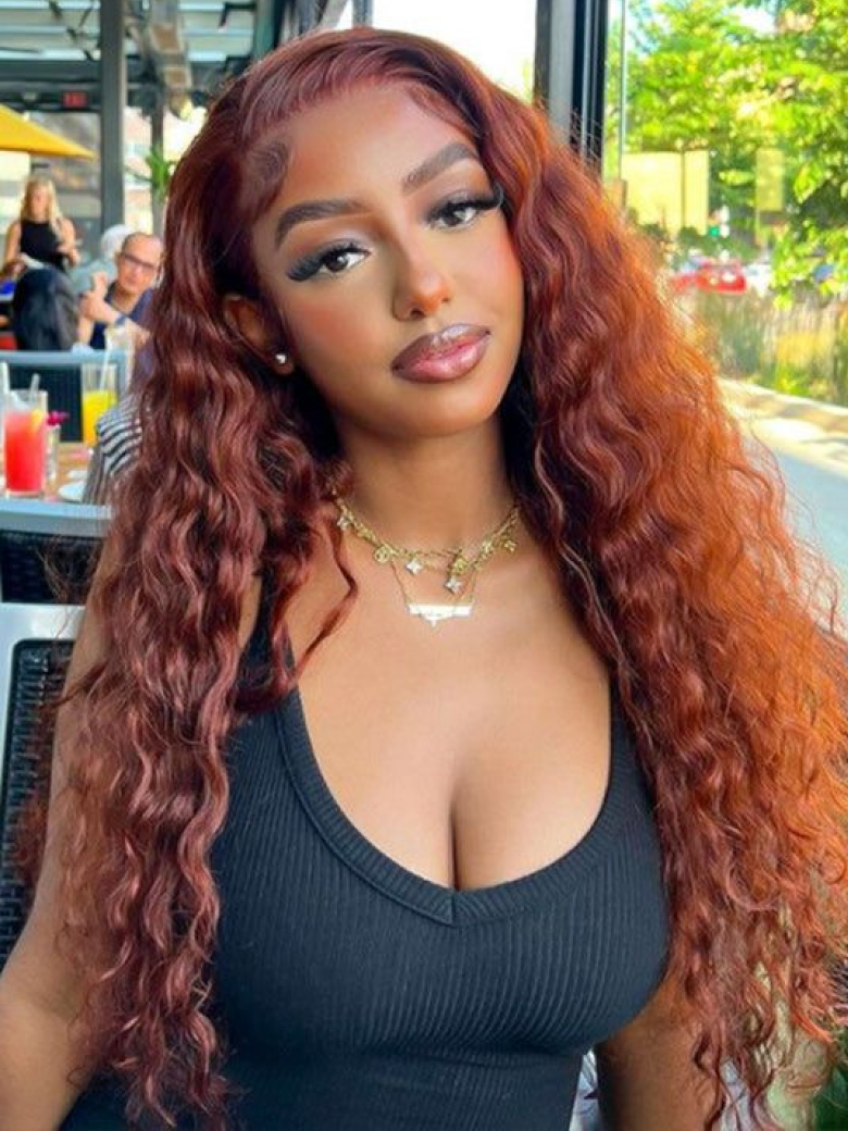 13x4 Lace Front Reddish Brown Water Wave Glueless Wig Sun Kissed Color 150% Density